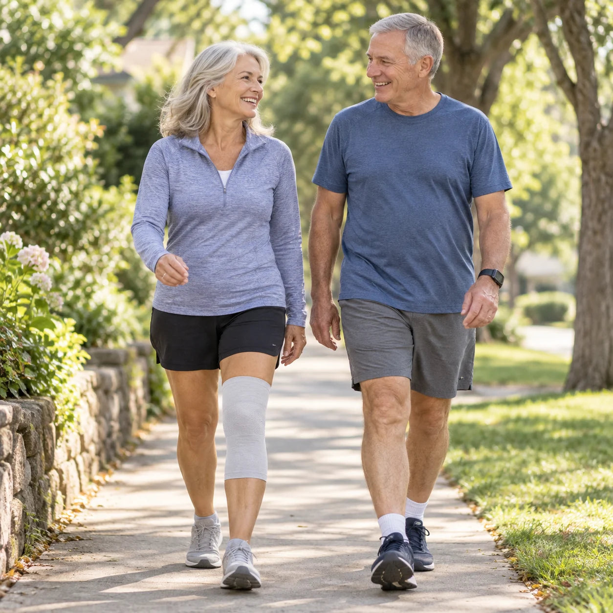 Older couple walking in Bentifel recovery wear