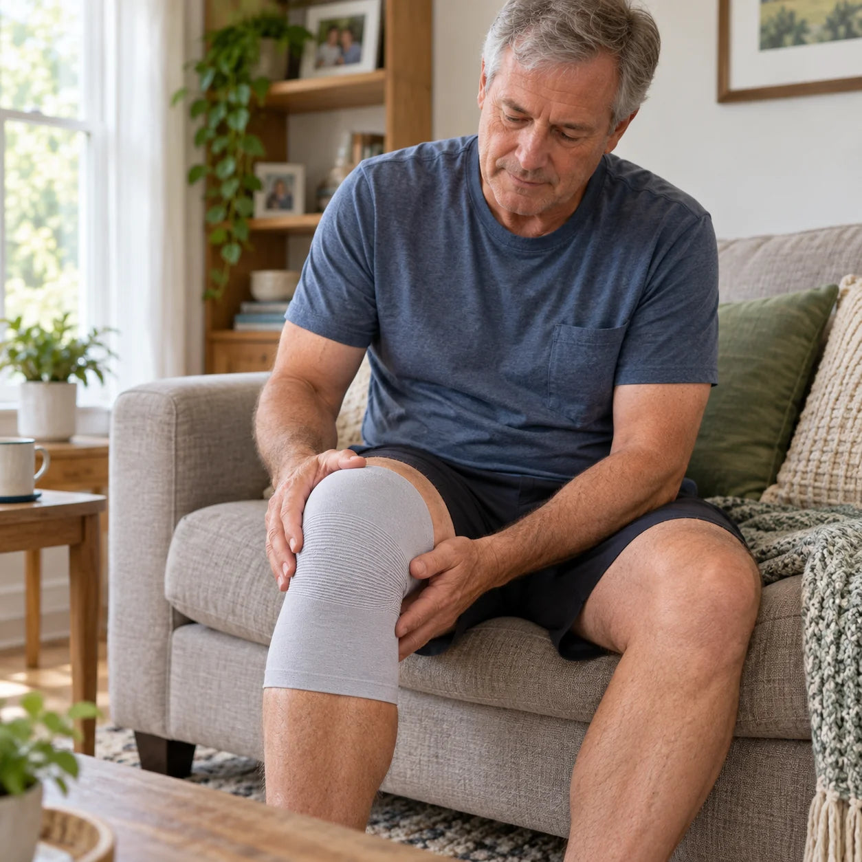 Older woman resting her hand near a swollen knee